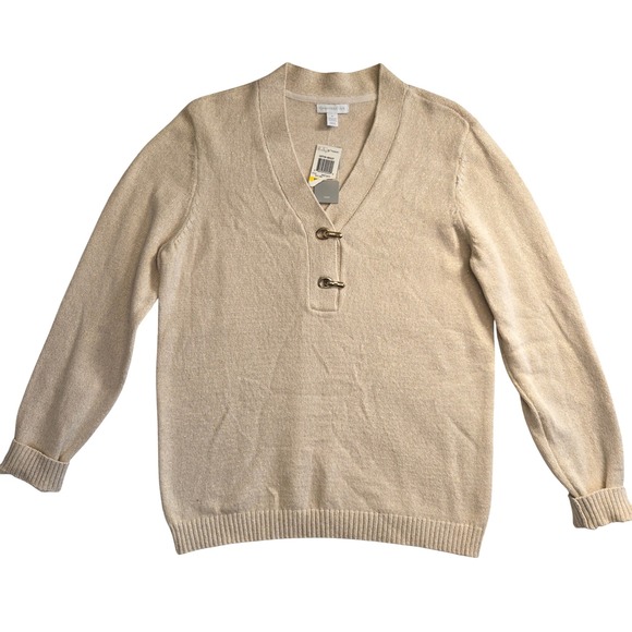 Charter Club Womens M Beige Metalic Thread Sparkle Cotton Henley Sweater Buckle - Picture 5 of 9